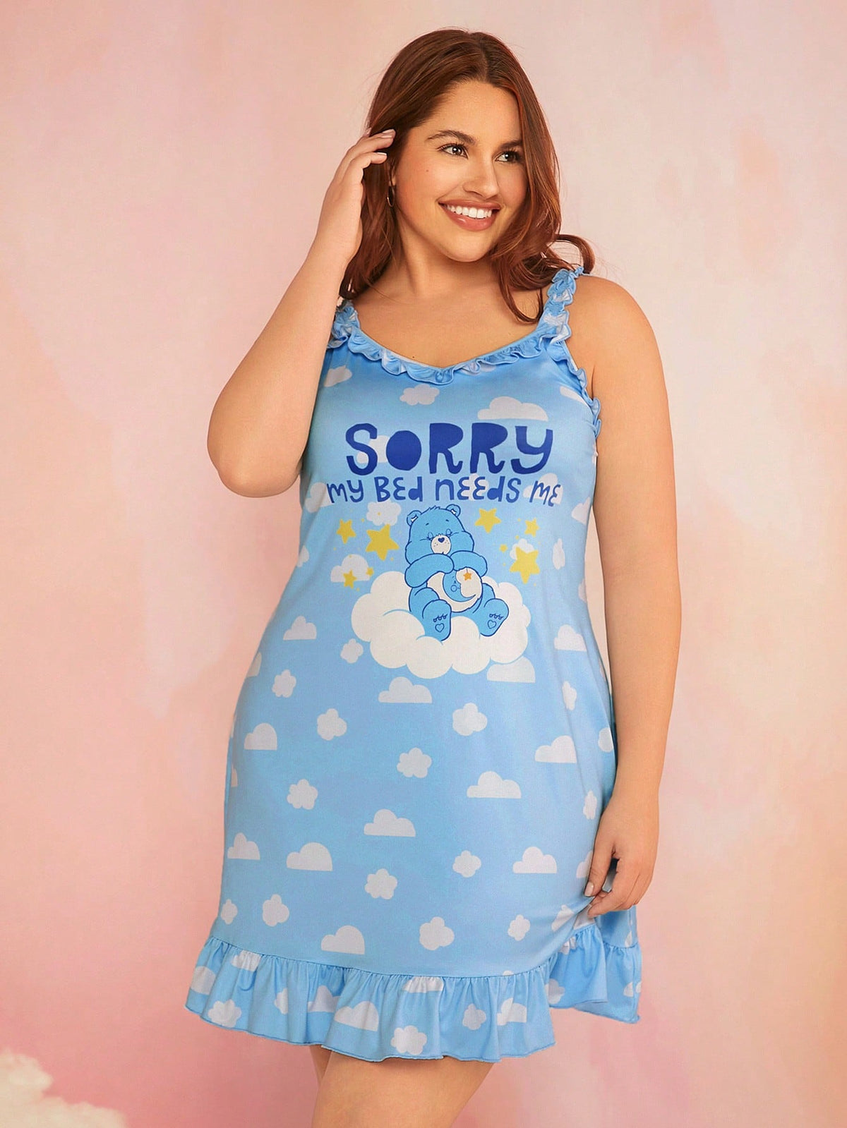 X Care Bears Plus Size Sweet Home Wear Blue Cloud Printed Ruffled Hem Cami Nightgown For Summer