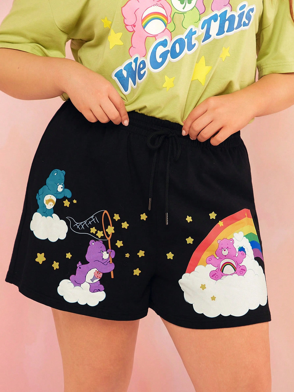 X Care Bears Plus Casual Loose Fit Cute Rainbow Bear Print Drawstring Waist Shorts For Summer