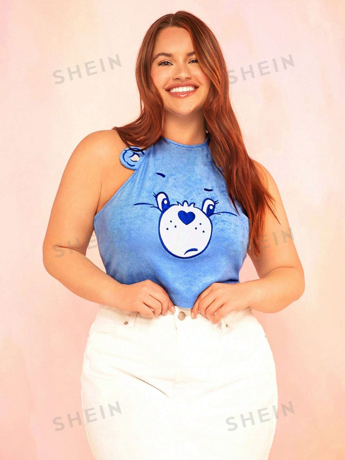 X Care Bears Plus Summer Dopamine Cute Blue Embroidered 3D Ear Teddy Plush Halter Top