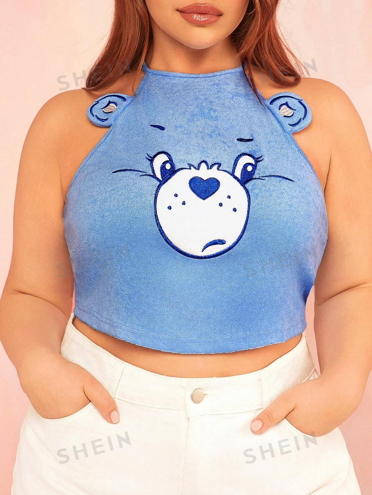 X Care Bears Plus Summer Dopamine Cute Blue Embroidered 3D Ear Teddy Plush Halter Top