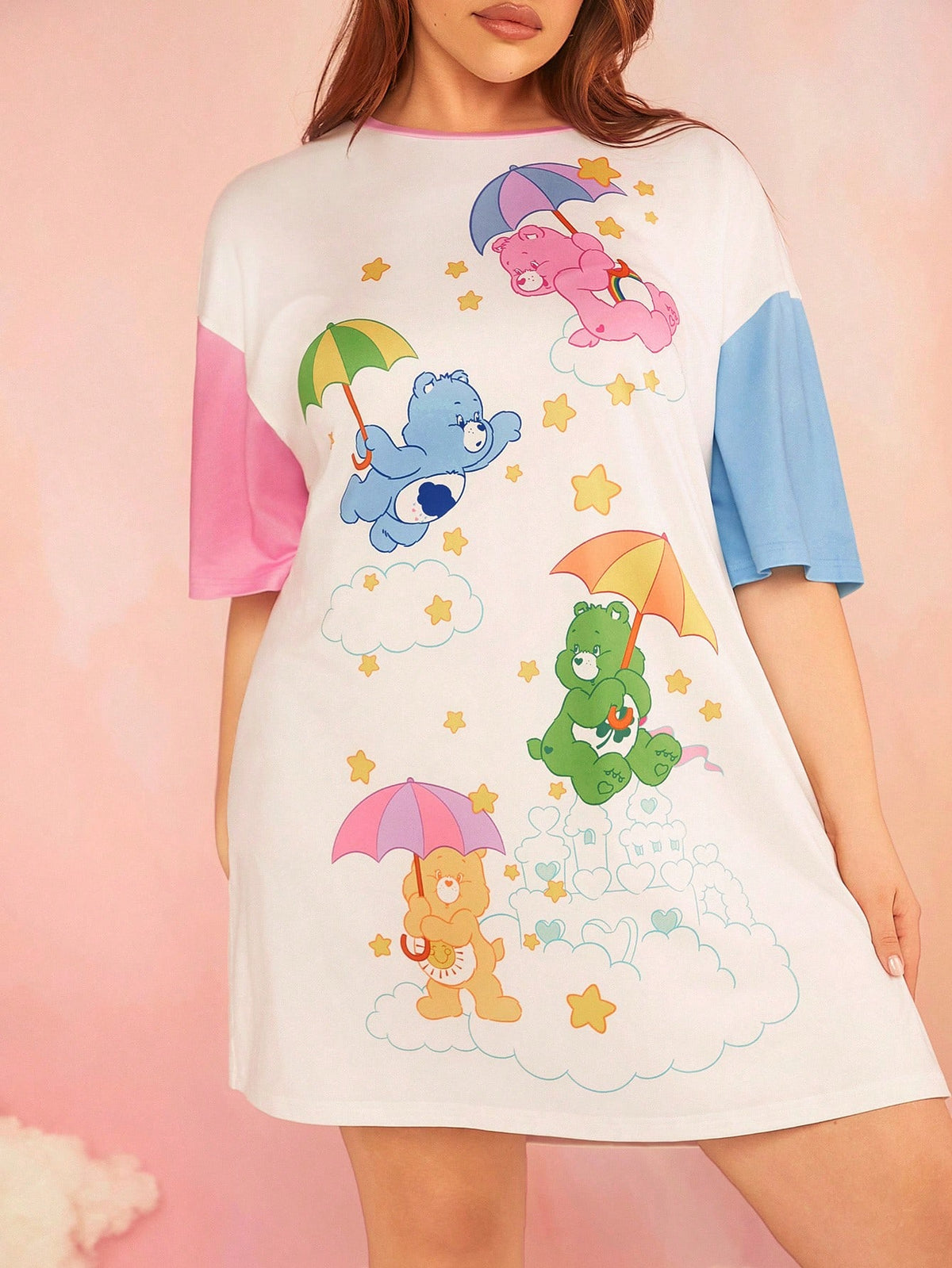 X Care Bears Plus Size Summer Loose Fit Sleep Dress With Colorful Stars, Bear & Dreamy Printed Pattern, Wide Shoulder, And Energetic Pink-Blue Contrast Color