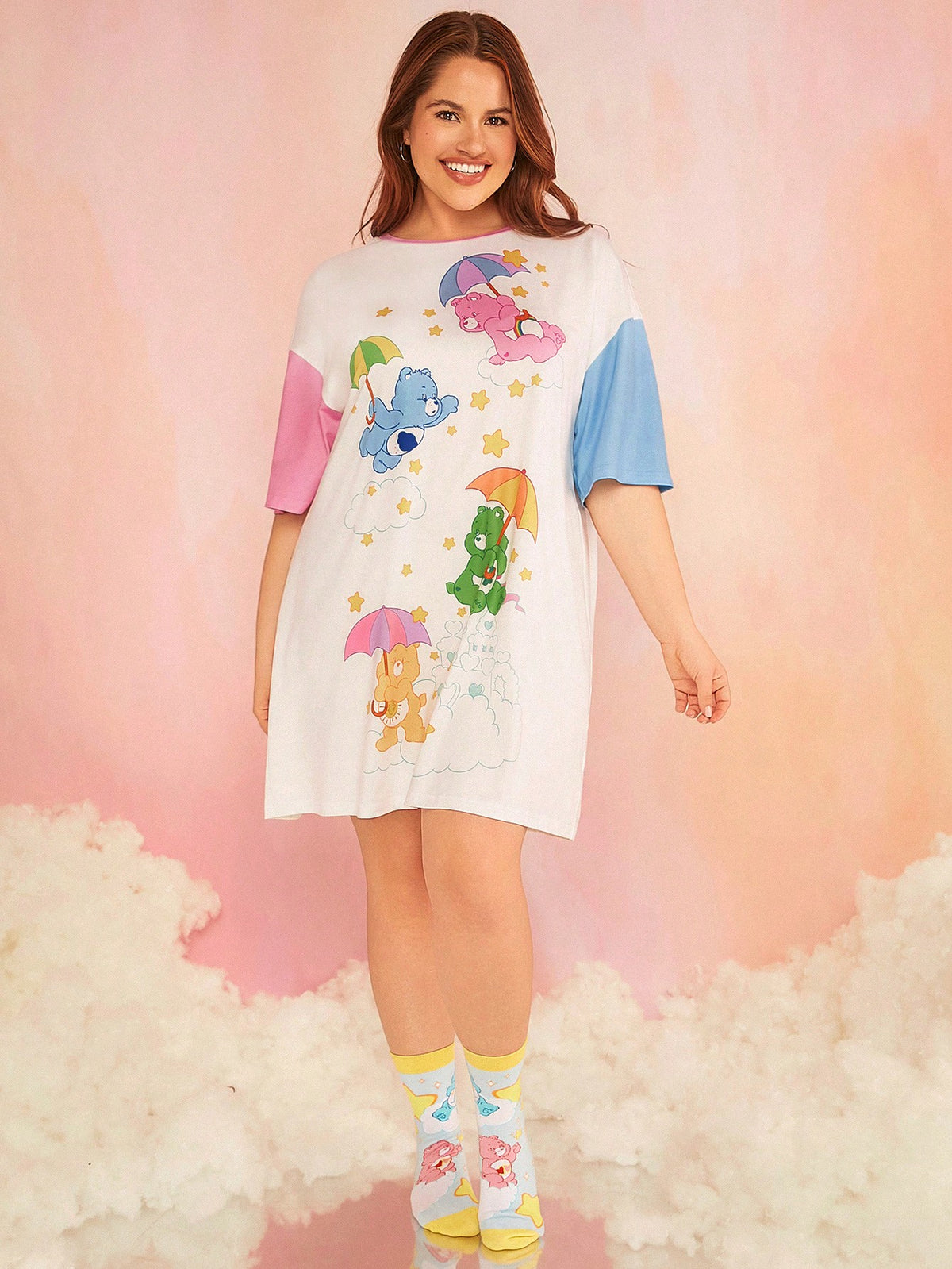 X Care Bears Plus Size Summer Loose Fit Sleep Dress With Colorful Stars, Bear & Dreamy Printed Pattern, Wide Shoulder, And Energetic Pink-Blue Contrast Color