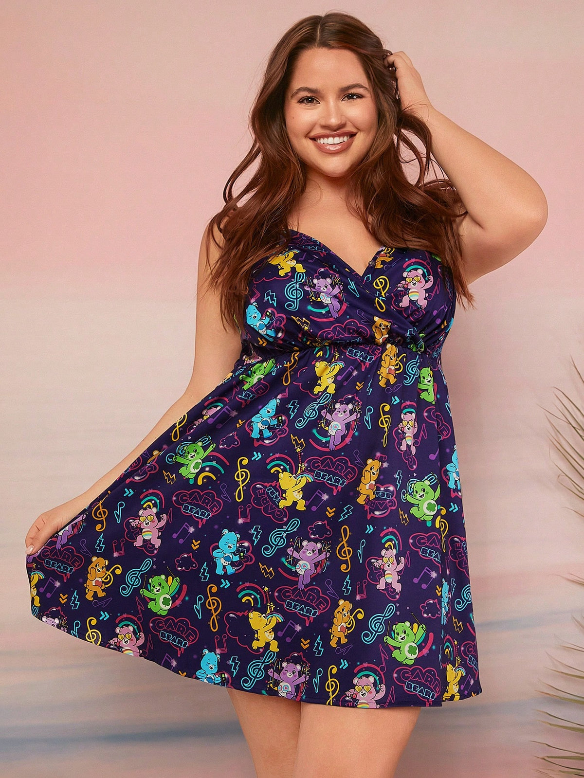 X Care Bears Plus Size Fashionable Casual Music Festival Style Bear Print Elastic Weave Comfortable And Cooling Summer Sun Dress With Spaghetti Straps