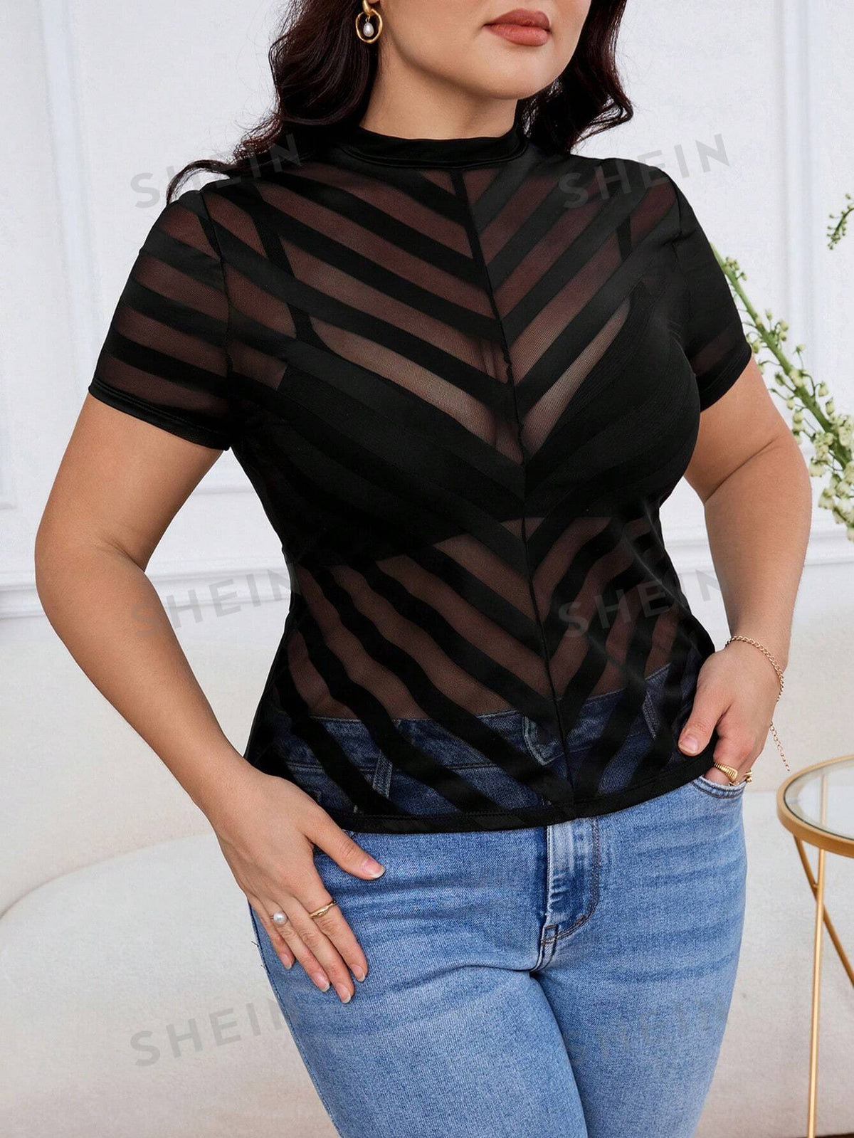 Privé Elegant Summer Simple & Stylish Sheer Mesh Striped Slim Fit Women Top