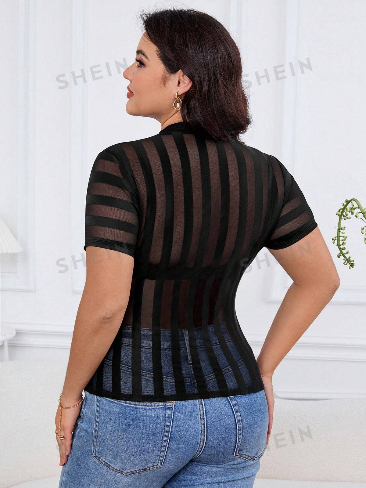 Privé Elegant Summer Simple & Stylish Sheer Mesh Striped Slim Fit Women Top