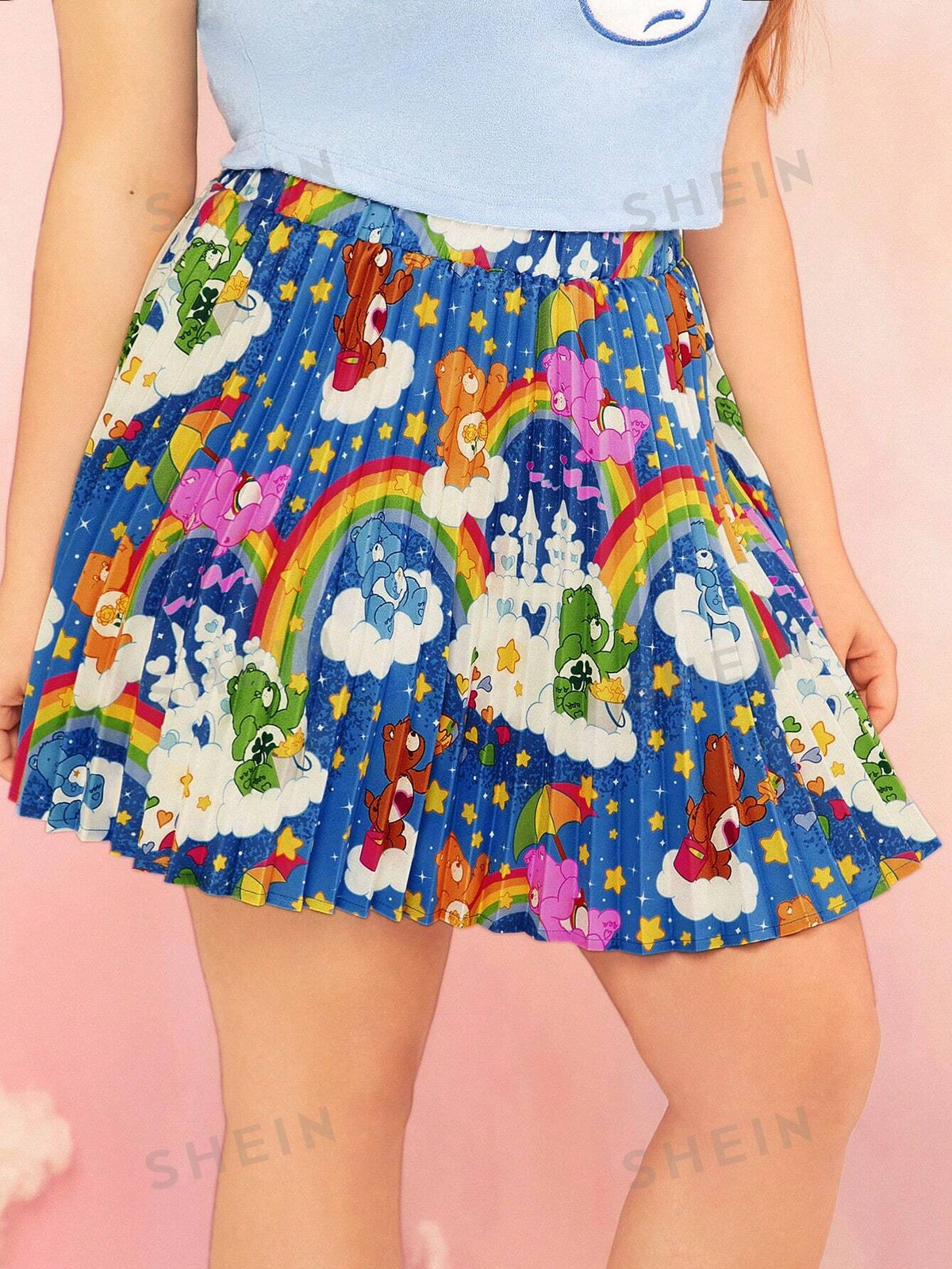 X Care Bears Plus Summer Dopamine Energy Y2K Blue Star Rainbow Fantasy Bear Print Sun Pleated Skirt