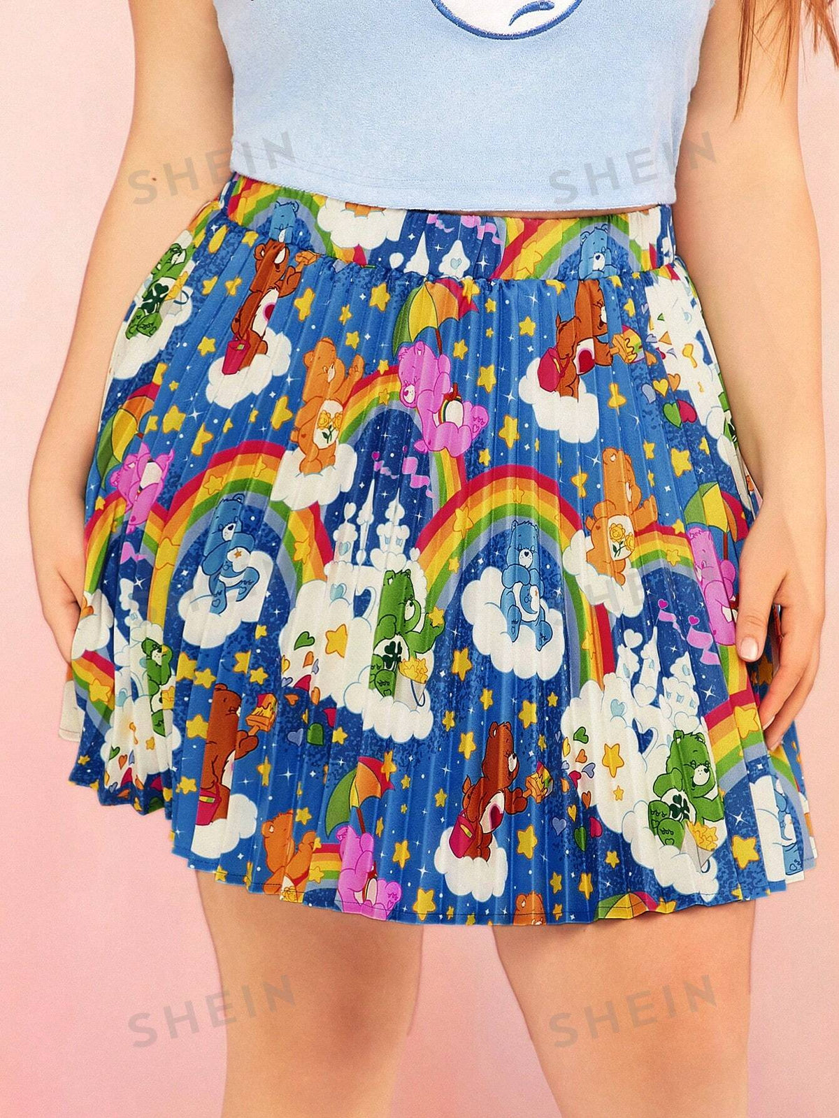 X Care Bears Plus Summer Dopamine Energy Y2K Blue Star Rainbow Fantasy Bear Print Sun Pleated Skirt