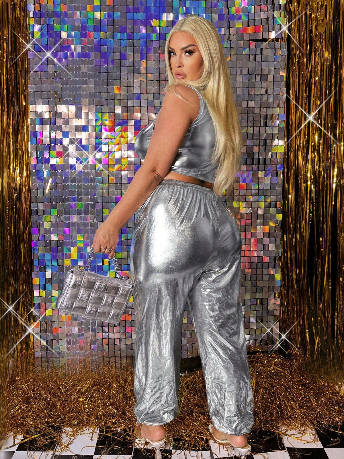 Plus Size Metallic Coating Sleeveless Top And Drawstring Pants