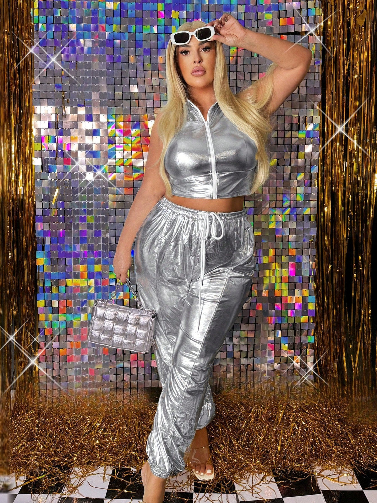 Plus Size Metallic Coating Sleeveless Top And Drawstring Pants