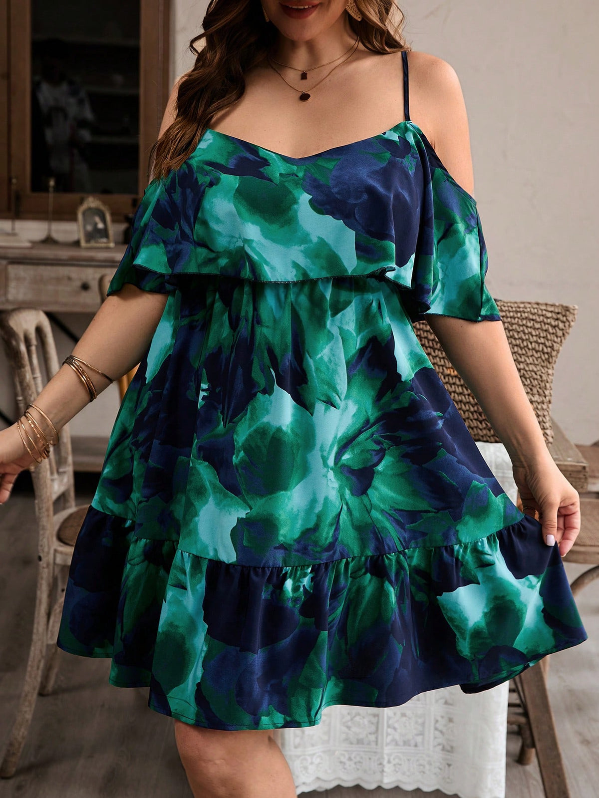 VCAY Plus Size Floral Print Open Shoulder Cami Dress, Summer Vacation