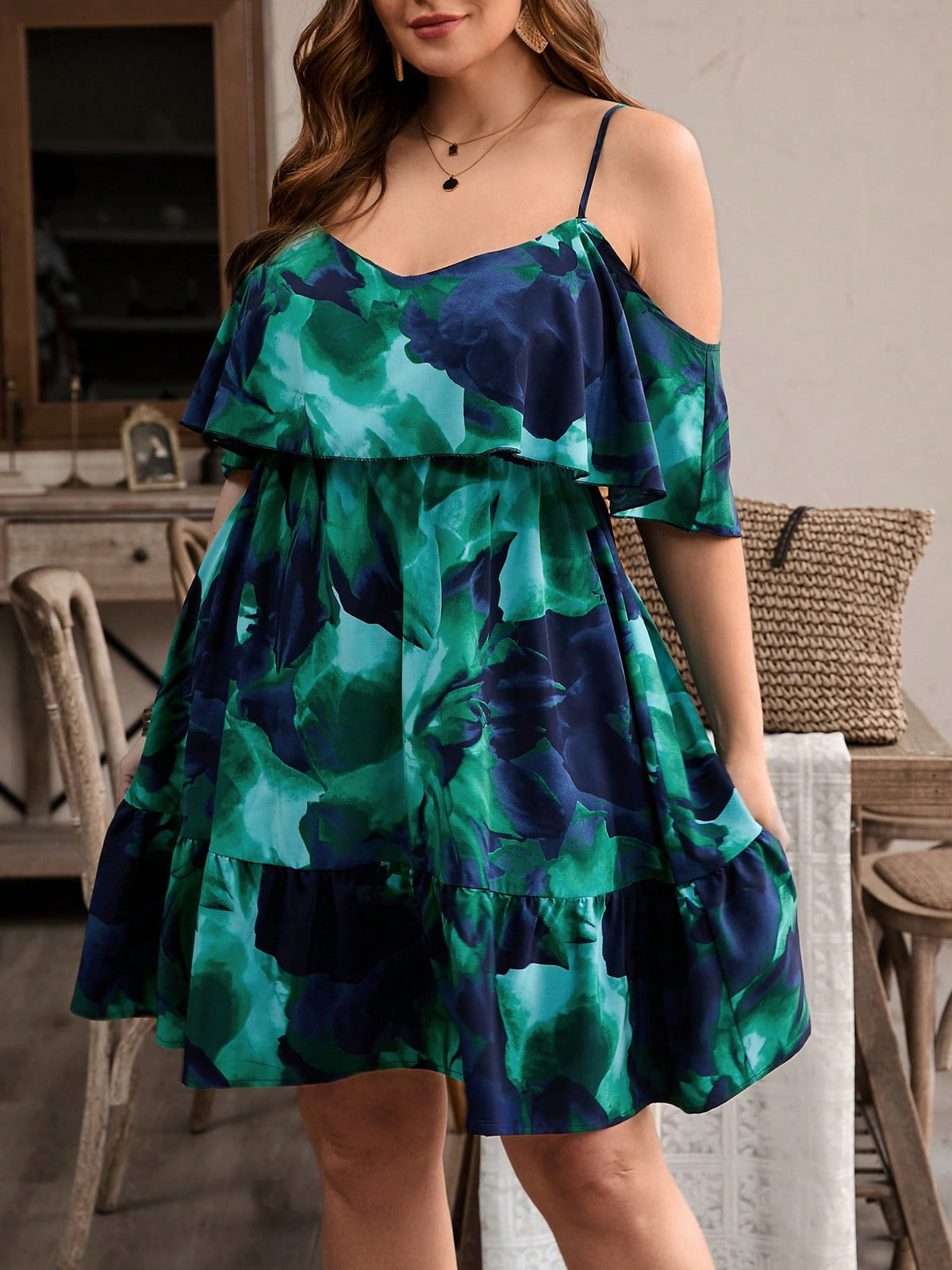 VCAY Plus Size Floral Print Open Shoulder Cami Dress, Summer Vacation