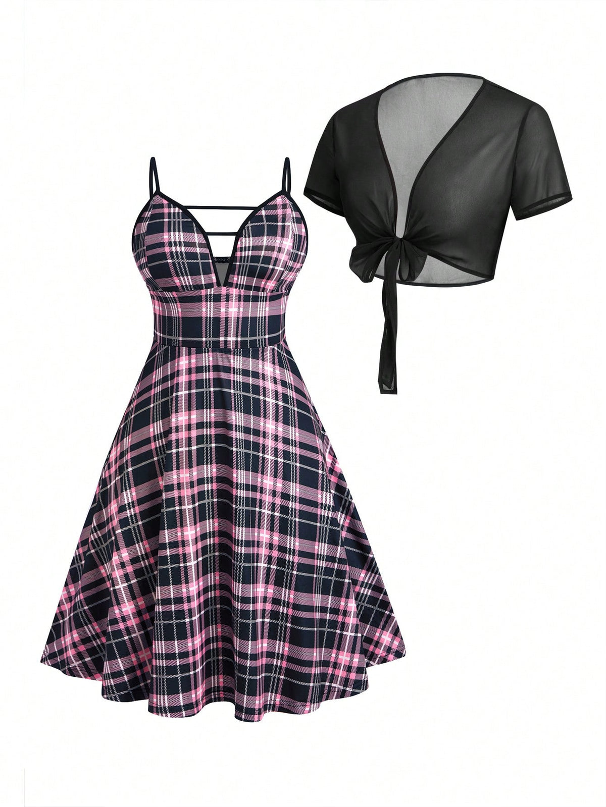 Privé Two Piece Plus Size Outfit: Solid Color See-Through Front Tie Shirt And Grid Print Sleeveless Dress With Straps