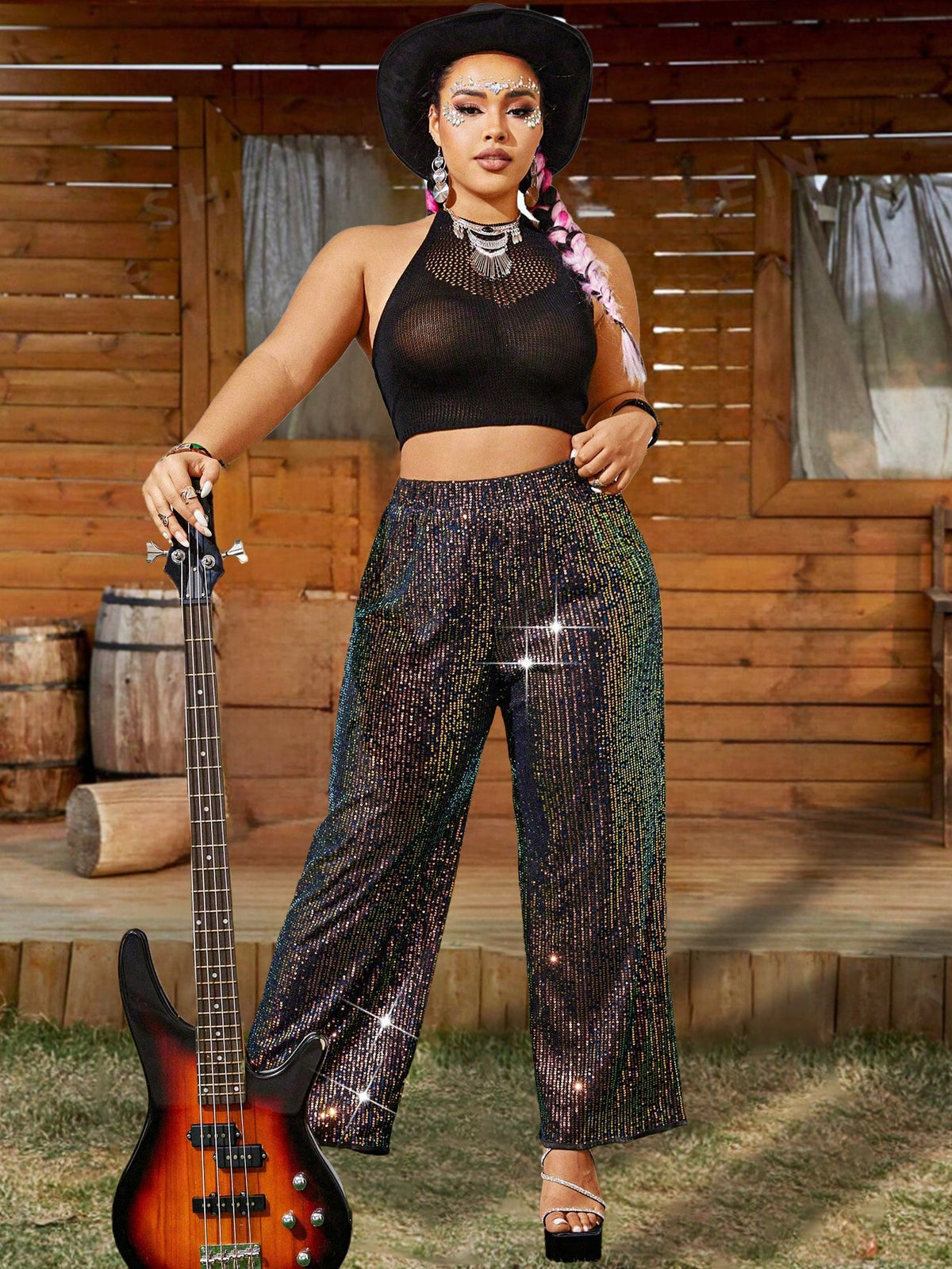 WYWH Plus Size Women's Sparkly Music Festival Pants