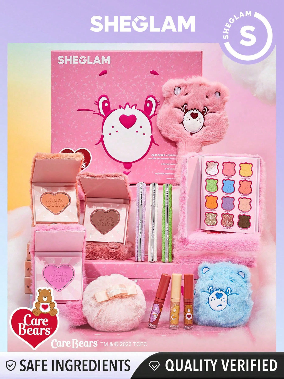 SHEGLAM X Care Bears Collection Set Vibrant Colored Eyeshadows Green White Purple Eyeliner Pink Blush Body Highlighter Liquid Lipstick Set Black Friday Sale Gift Makeup Set