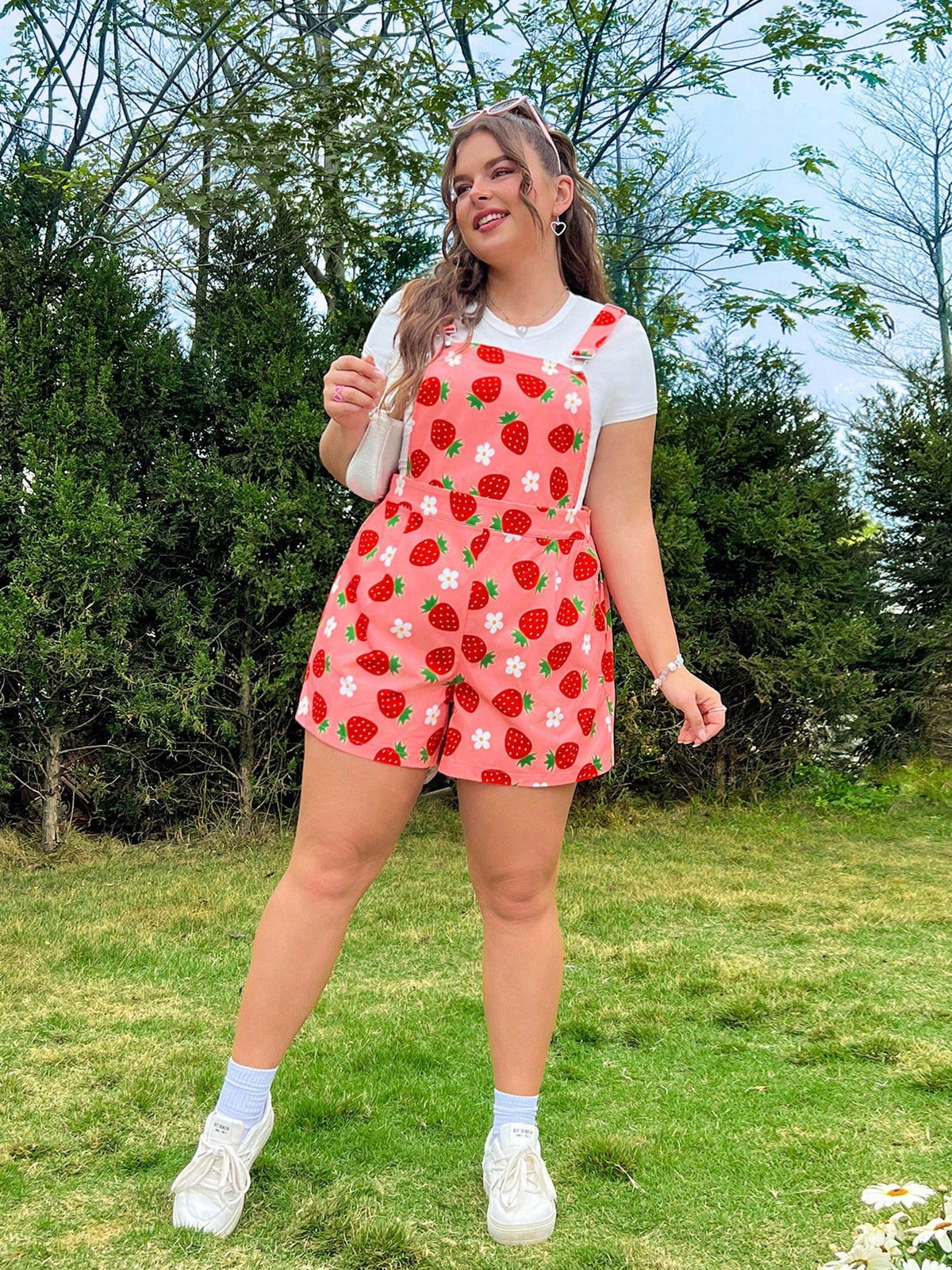 MOD Plus Size Strawberry Allover Print Sleeveless Jumpsuit, Summer