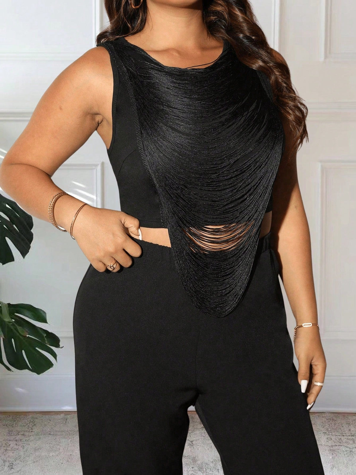 Plus Size Round Neck Fringe Tank Top And Split Straight Leg Pants