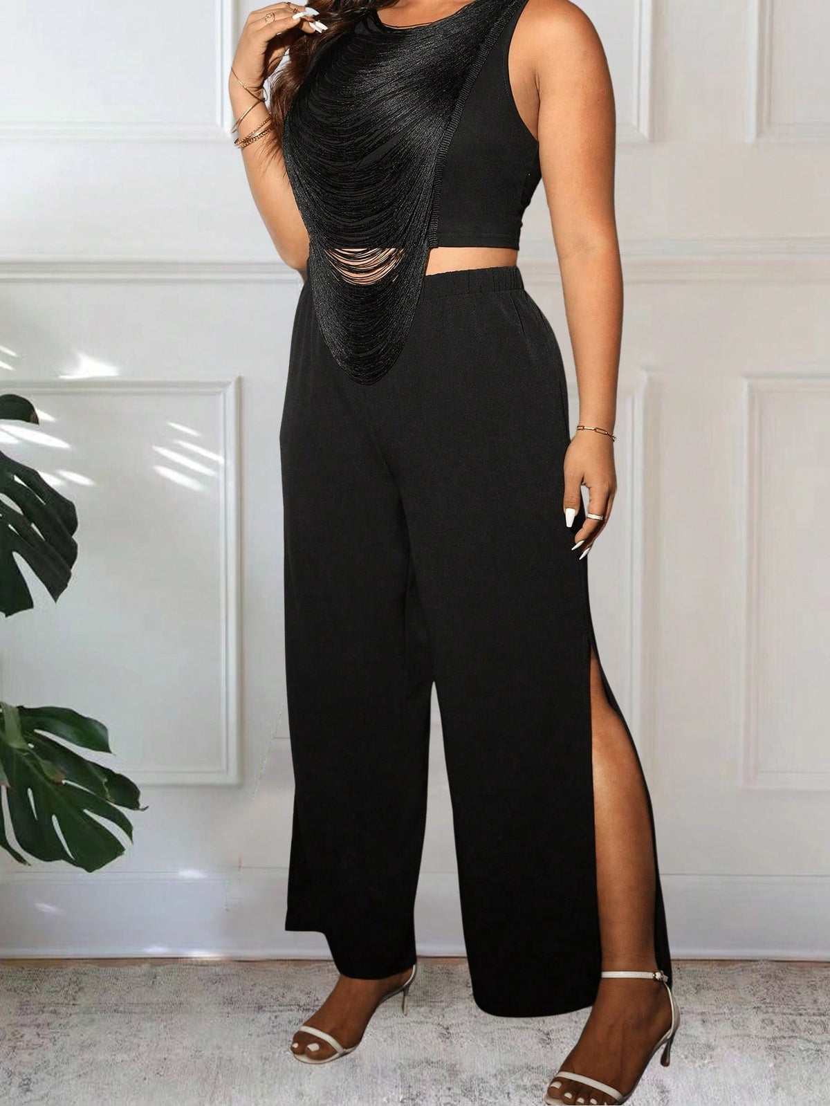 Plus Size Round Neck Fringe Tank Top And Split Straight Leg Pants