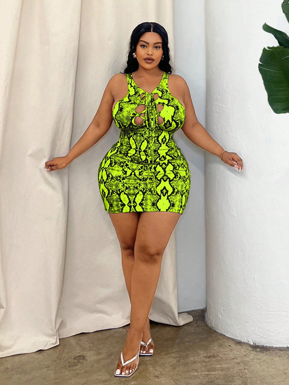 SXY Plus Size Snake Print Hollow Out Lace-Up Butt Lifting Sexy Sleeveless Bodycon Dress