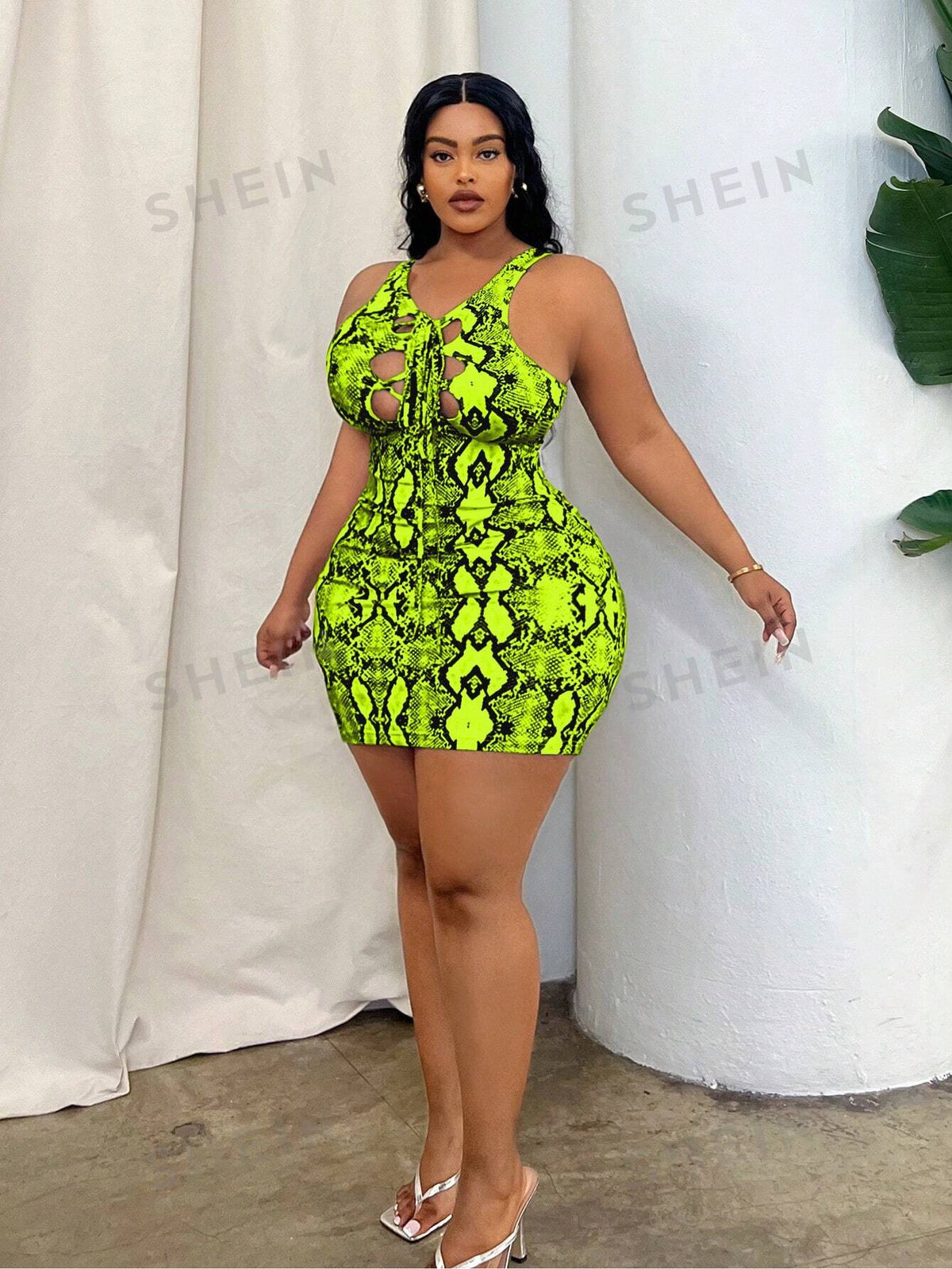 SXY Plus Size Snake Print Hollow Out Lace-Up Butt Lifting Sexy Sleeveless Bodycon Dress