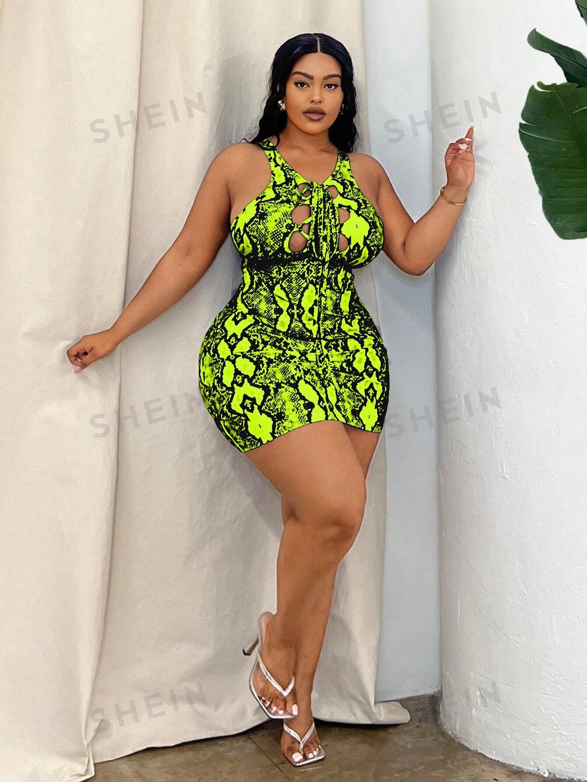 SXY Plus Size Snake Print Hollow Out Lace-Up Butt Lifting Sexy Sleeveless Bodycon Dress