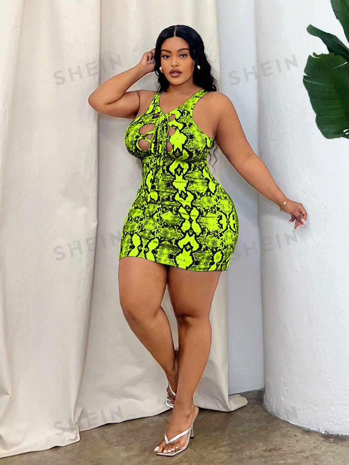 SXY Plus Size Snake Print Hollow Out Lace-Up Butt Lifting Sexy Sleeveless Bodycon Dress