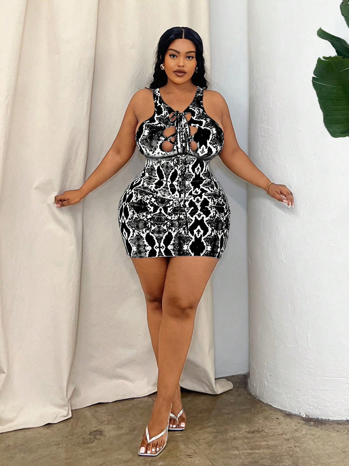 SXY Plus Size Snake Print Hollow Out Lace-Up Butt Lifting Sexy Sleeveless Bodycon Dress