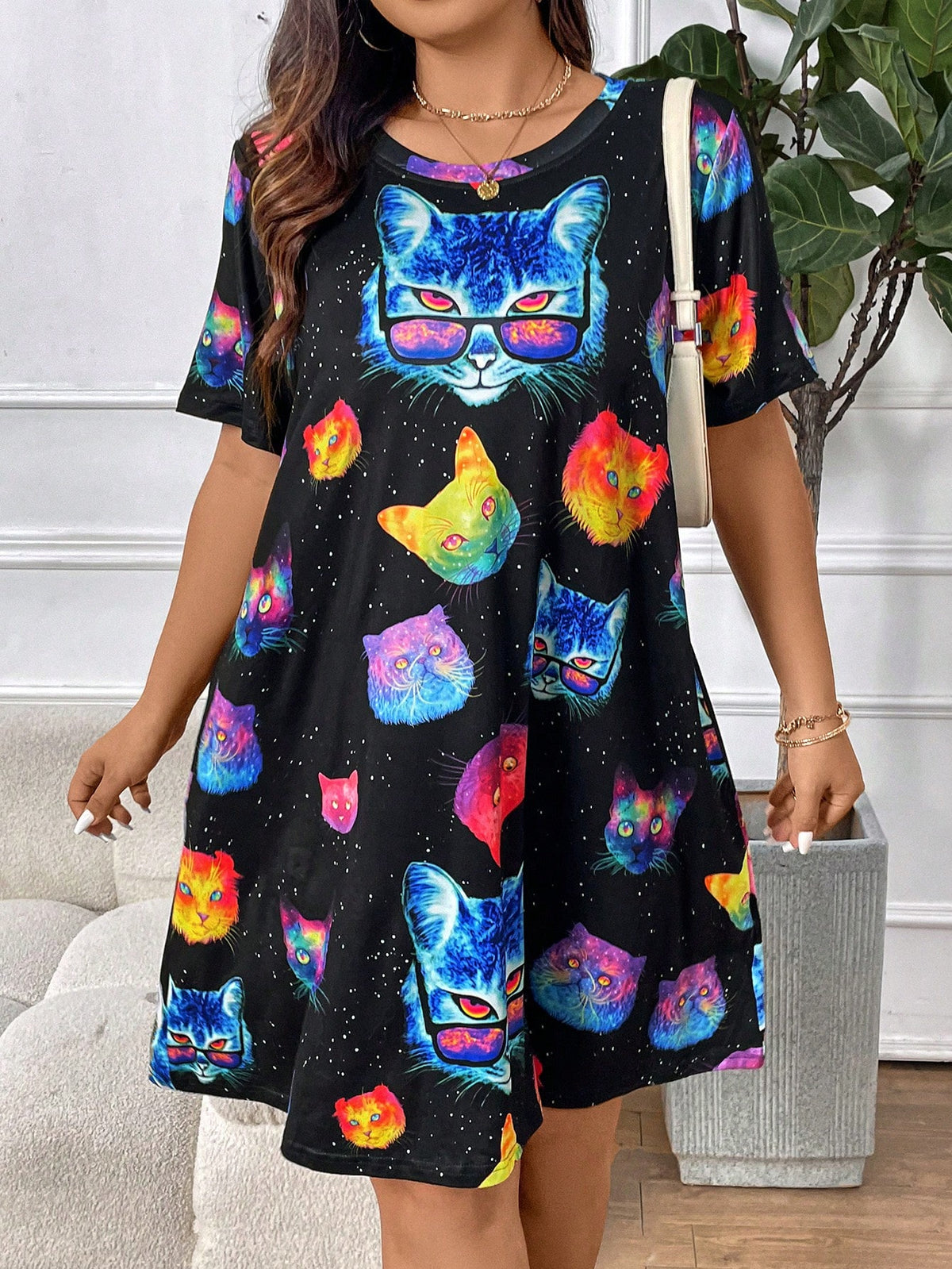 Essnce Plus Size Casual Ombre Cat Print Short Sleeve Dress For Summer