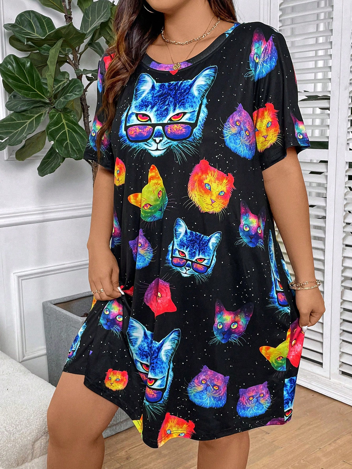 Essnce Plus Size Casual Ombre Cat Print Short Sleeve Dress For Summer