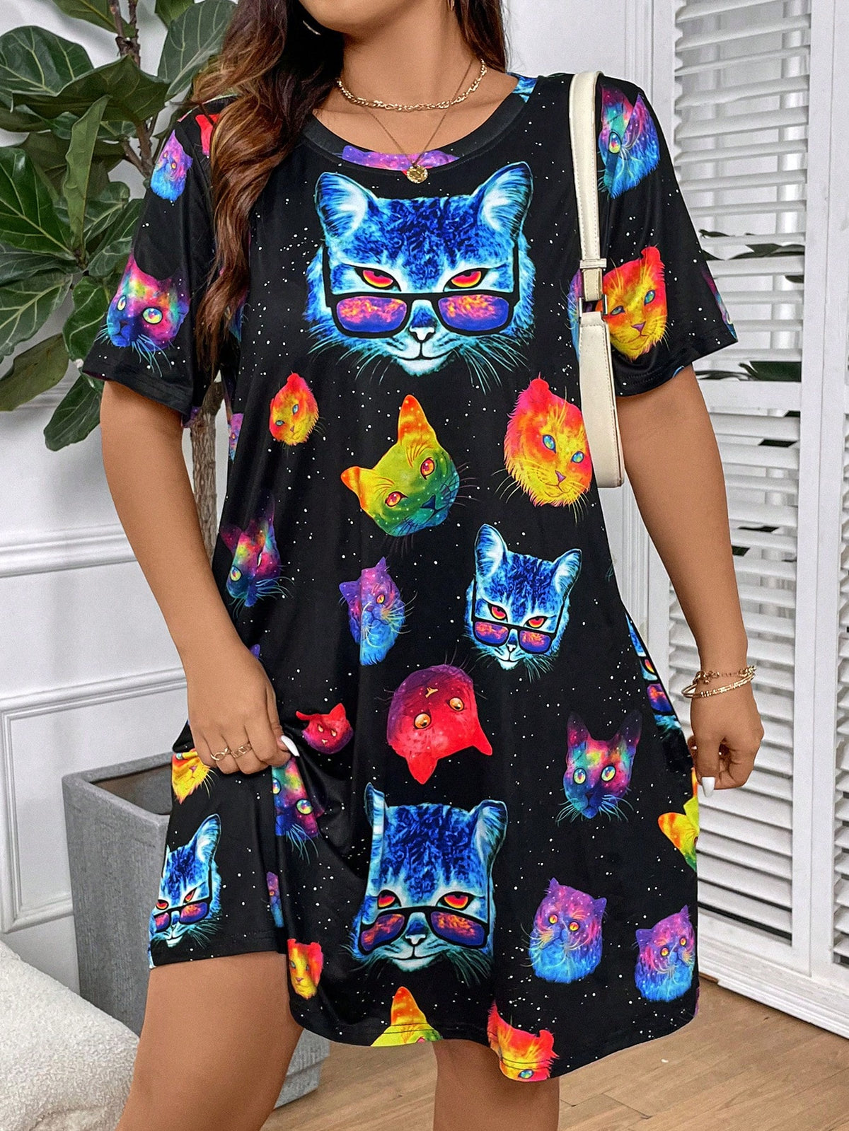 Essnce Plus Size Casual Ombre Cat Print Short Sleeve Dress For Summer