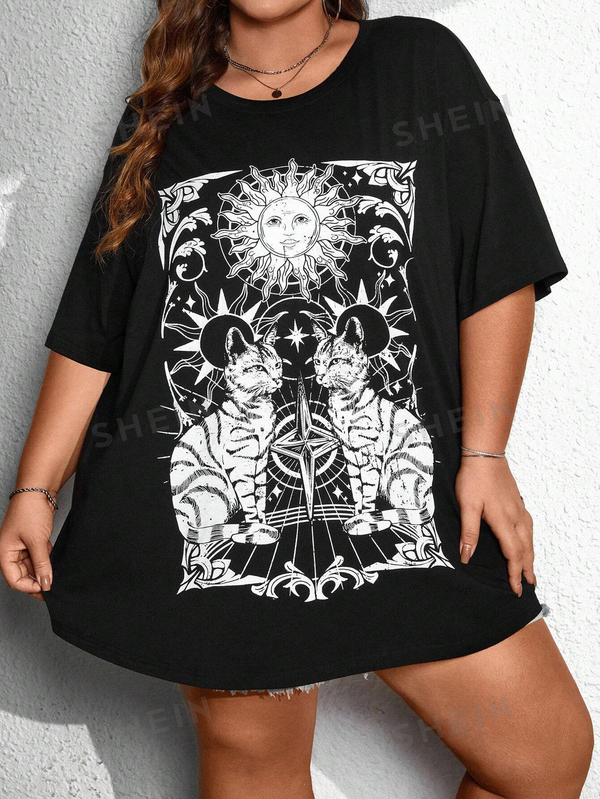 CURVE  Plus Size Rock Style Oversized T-Shirt With Sun And Animal Print