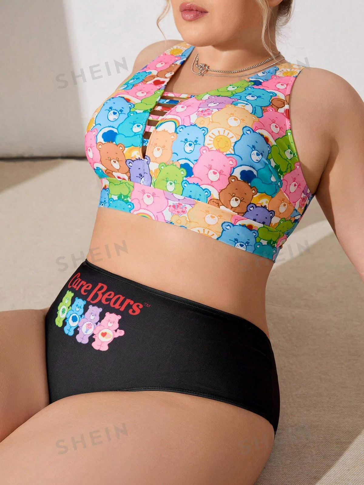 X Care Bears Plus Size Women Knitted Casual Cute Cartoon Print Two-Piece Bikini Set, Vacation Swimsuit
