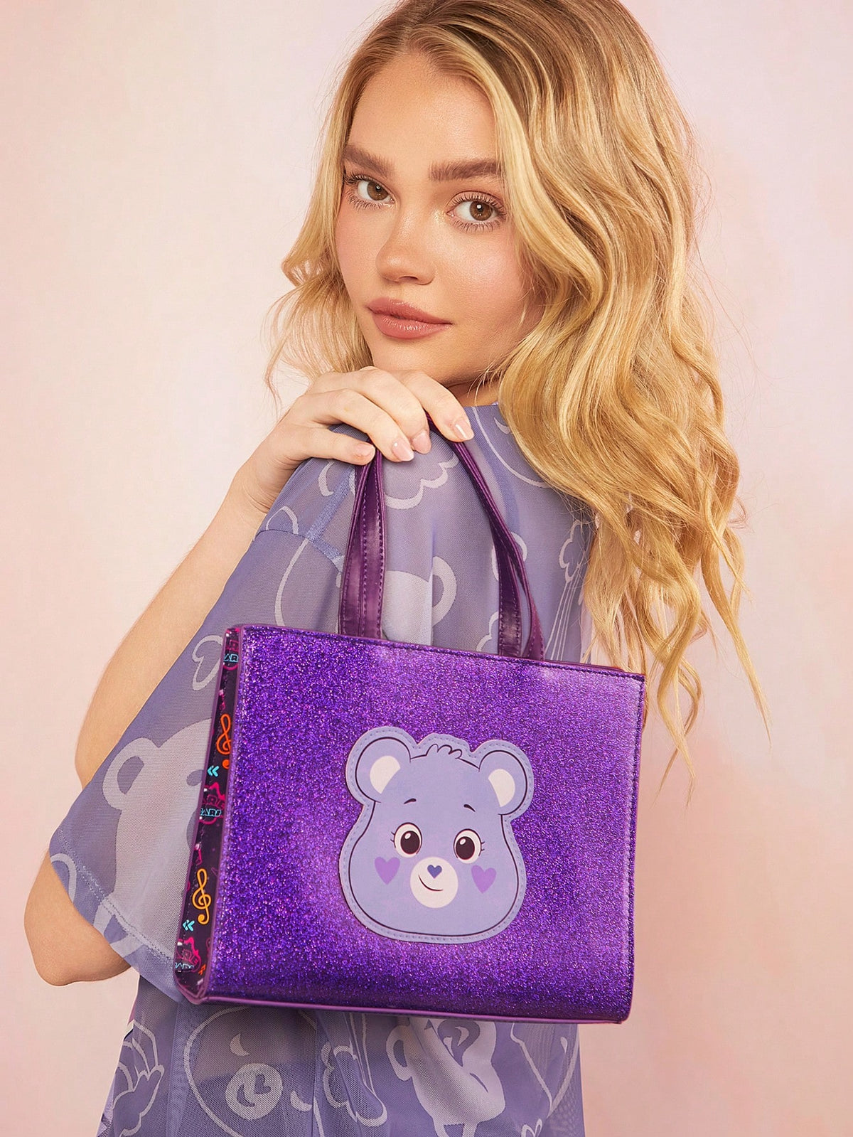 X Care Bears Purple Cartoon Bear Print Handbag