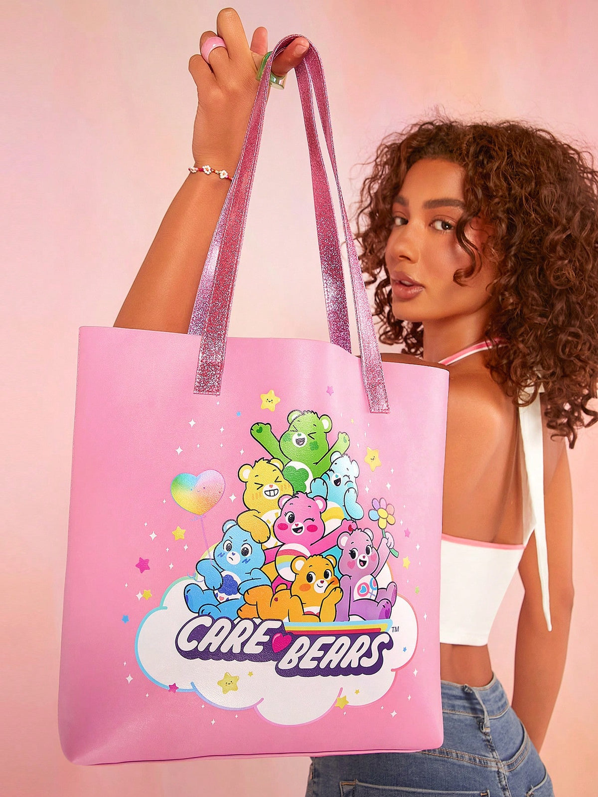 X Care Bears Cartoon Printed Pink Lady Tote Bag