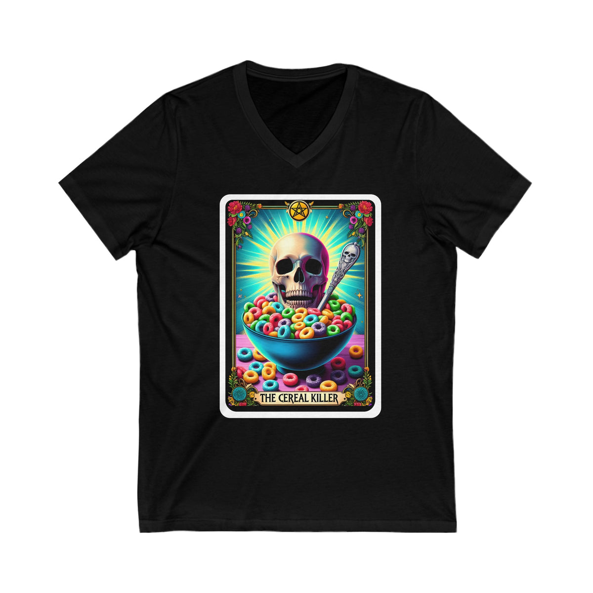 The Cereal Killer Funny Skull Tarot Card Unisex Jersey Short Sleeve V-Neck Tee