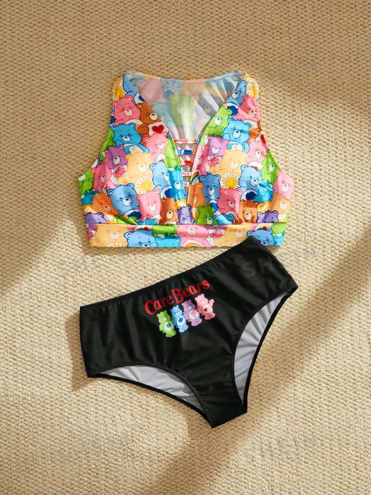X Care Bears Plus Size Women Knitted Casual Cute Cartoon Print Two-Piece Bikini Set, Vacation Swimsuit