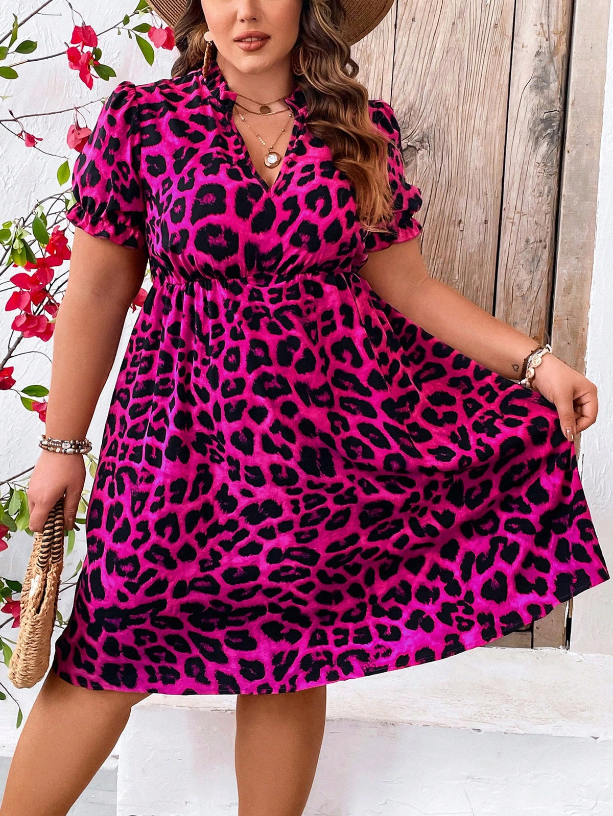 CURVE  Plus Size Vacation Leisure Leopard Print Notched Collar Cinched Waist Dress