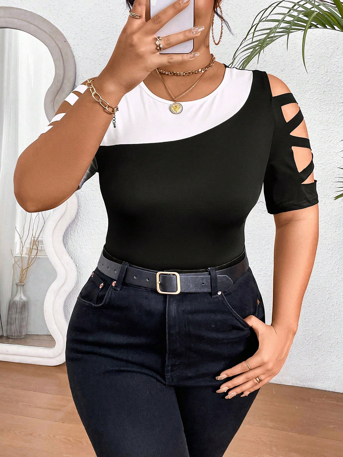 Privé Plus Size Round Neck Color Block Hollow Out Casual Short Sleeve T-Shirt For Spring And Summer