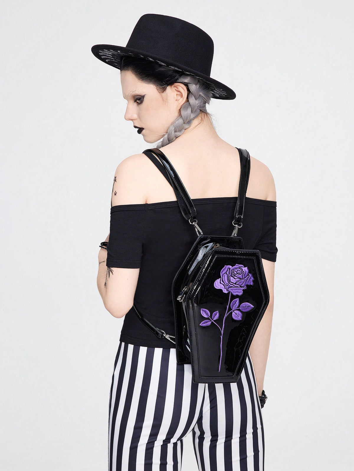 ROMWE Goth Pattern 822029 Rose Embroidery Gothic PU Leather Bag Party Women Y2K Punk Removable Backpack