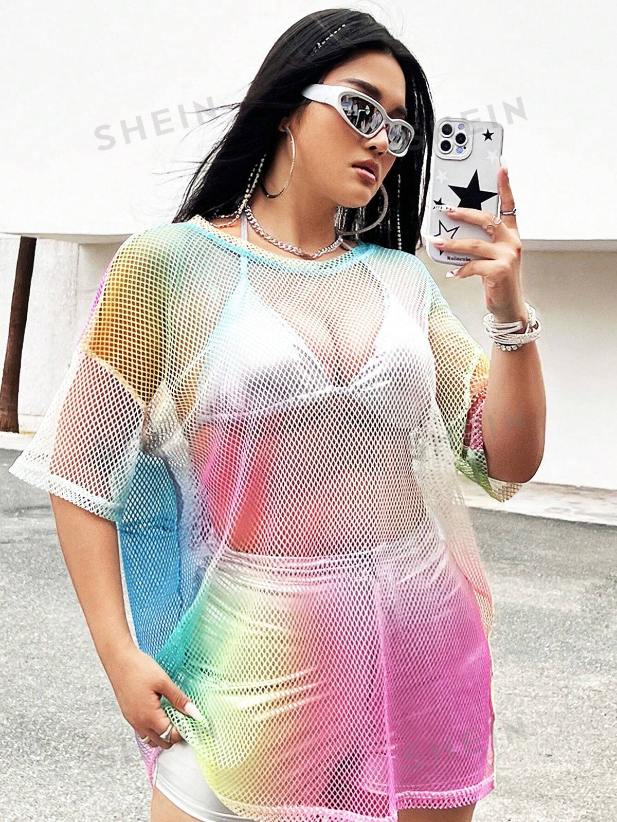 ICON Plus Size Tie-Dye Loose Sexy Perspective Fishnet Shirt With Drop Shoulder For Summer