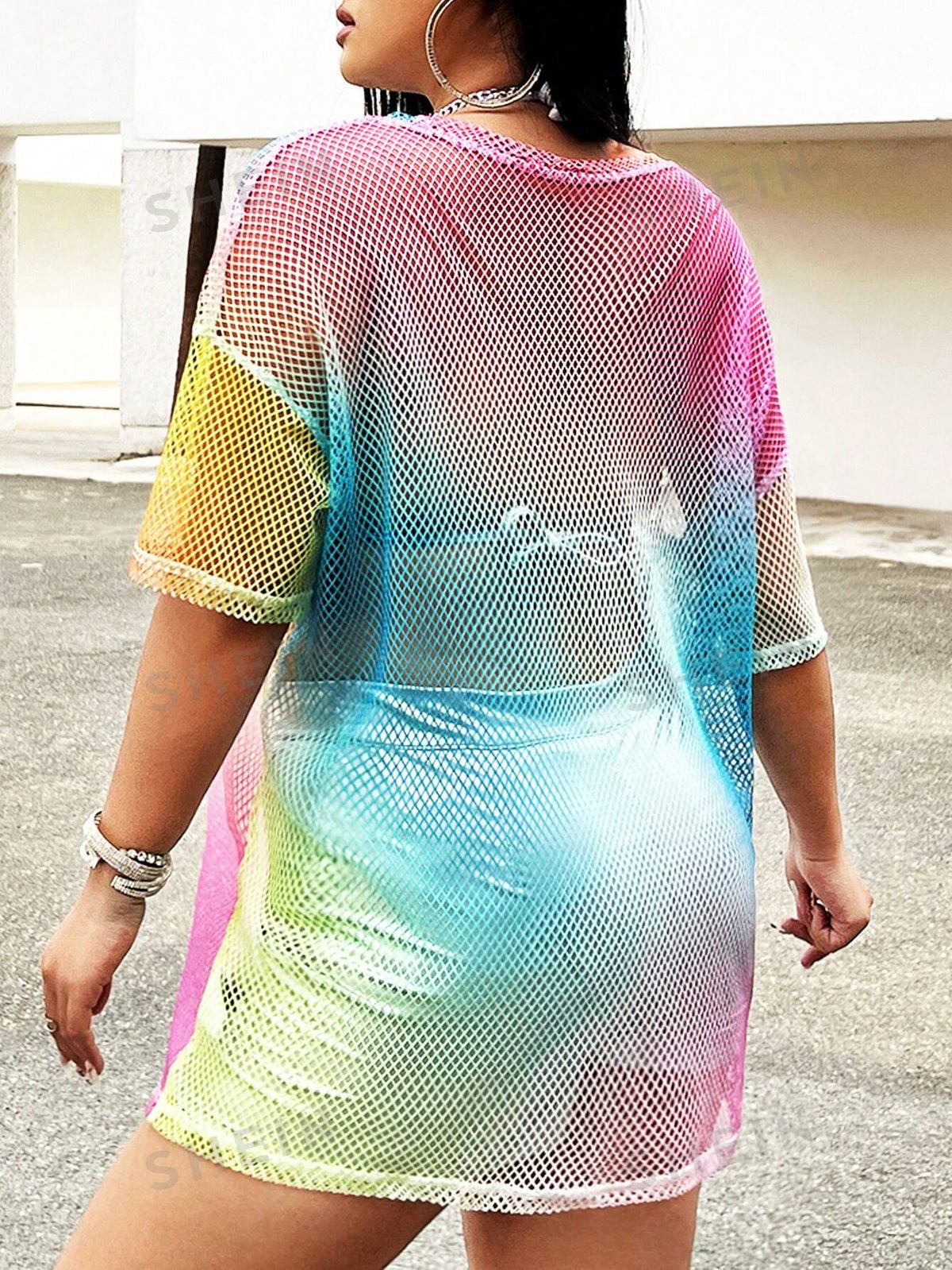 ICON Plus Size Tie-Dye Loose Sexy Perspective Fishnet Shirt With Drop Shoulder For Summer