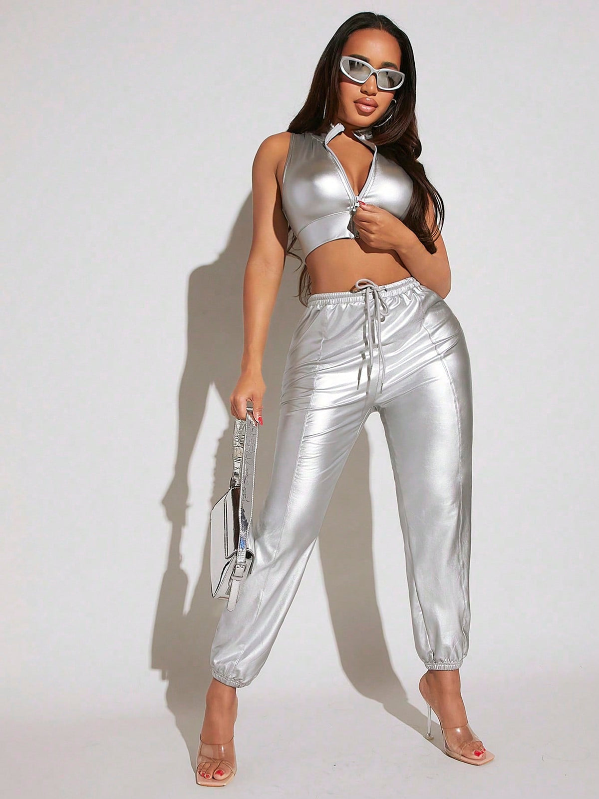 Plus Size Metallic Coating Sleeveless Top And Drawstring Pants