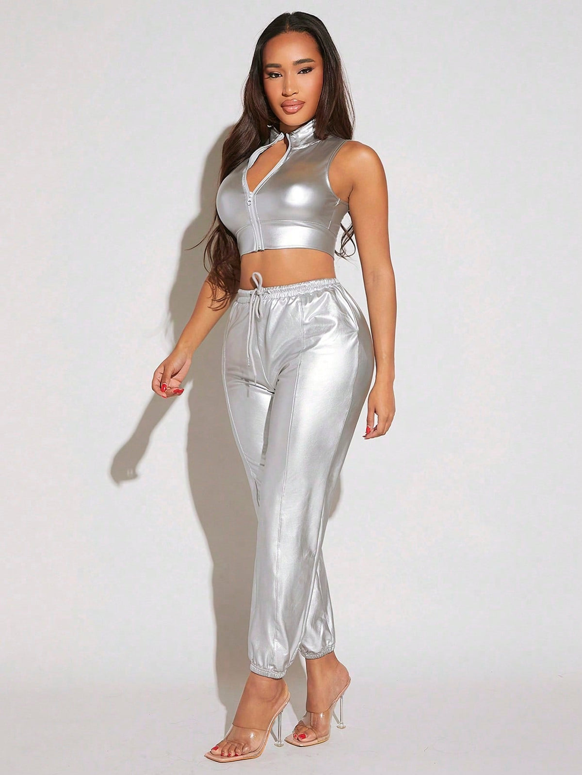 Plus Size Metallic Coating Sleeveless Top And Drawstring Pants