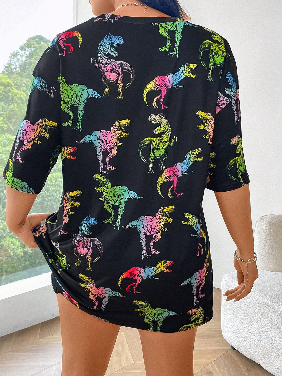 EZwear Plus Size Women Casual Dinosaur Printed Round Neck Oversized Short Sleeve T-Shirt For Summer