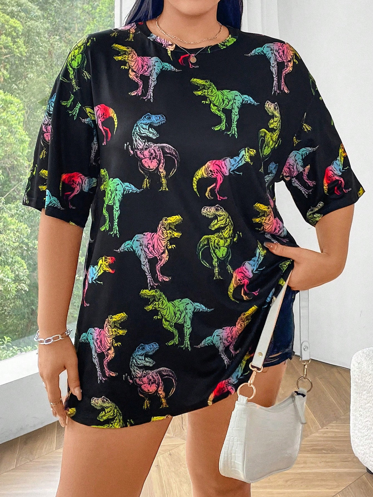 EZwear Plus Size Women Casual Dinosaur Printed Round Neck Oversized Short Sleeve T-Shirt For Summer