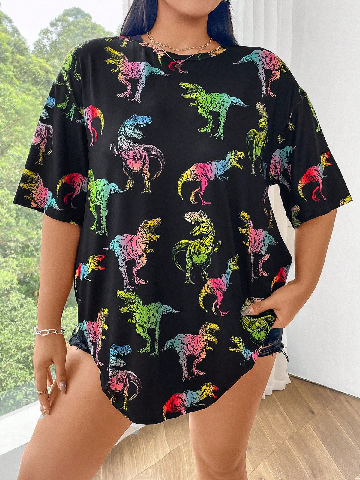 EZwear Plus Size Women Casual Dinosaur Printed Round Neck Oversized Short Sleeve T-Shirt For Summer