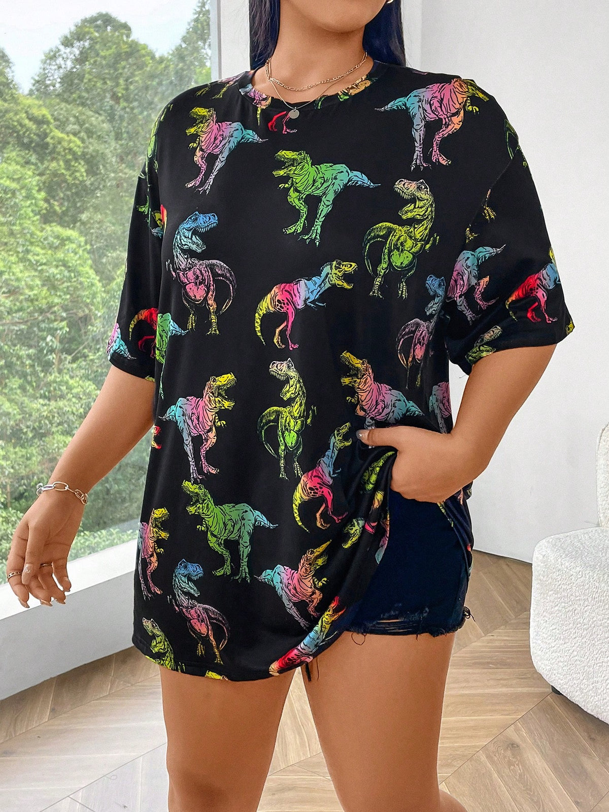 EZwear Plus Size Women Casual Dinosaur Printed Round Neck Oversized Short Sleeve T-Shirt For Summer