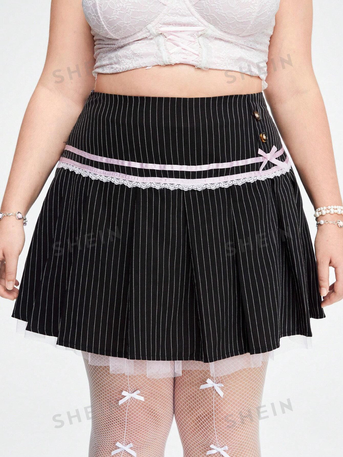 ROMWE Kawaii Plus Size Striped Printed Lace Casual Summer Skirt