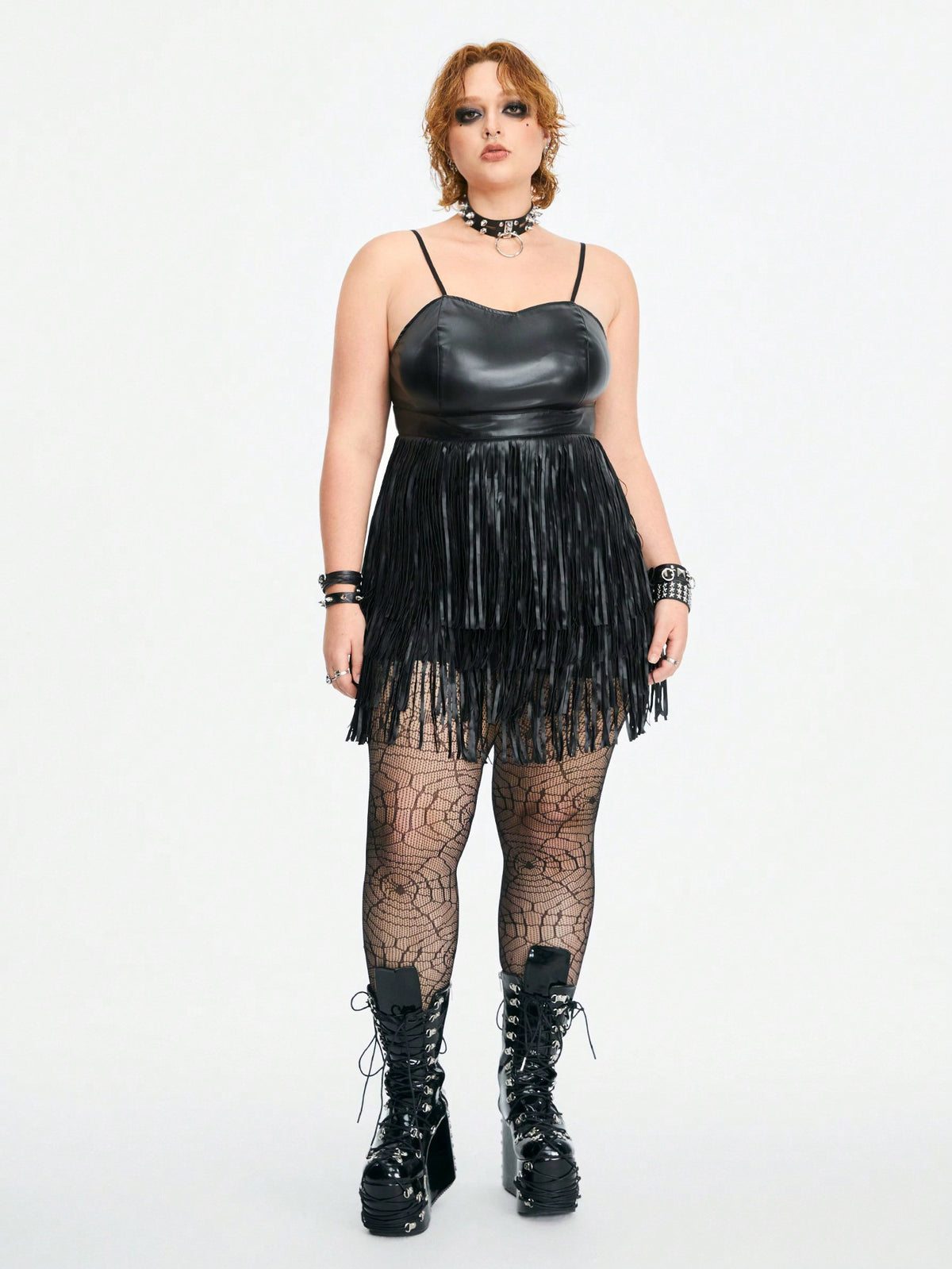 ROMWE Grunge Punk Plus Size Sexy PU Leather Fringed Cami Dress