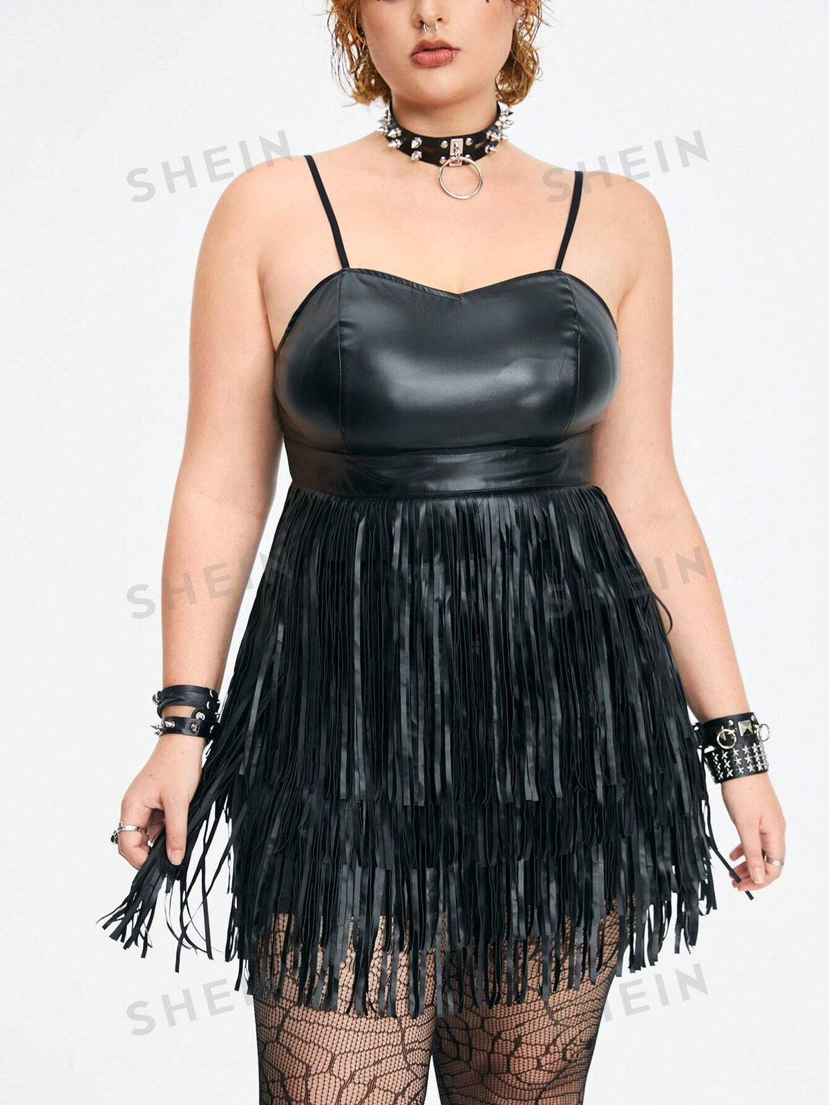 ROMWE Grunge Punk Plus Size Sexy PU Leather Fringed Cami Dress