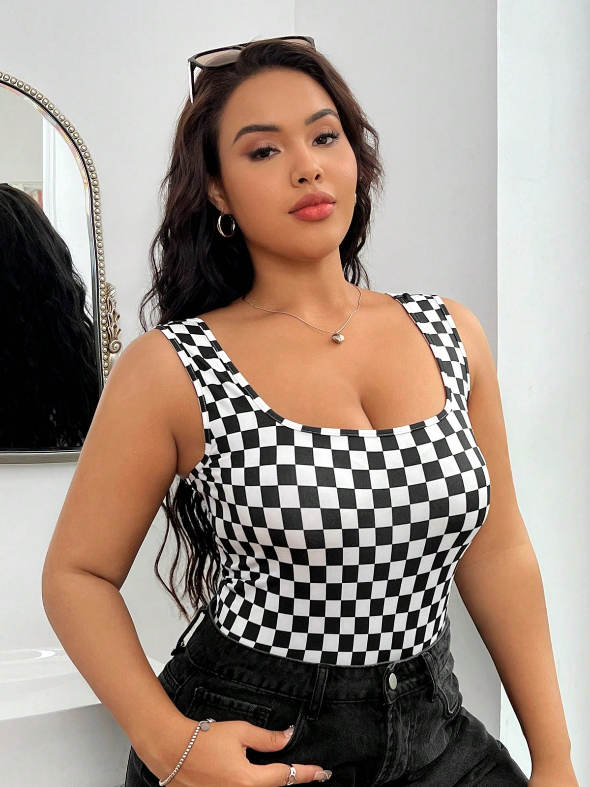 EZwear Women's Plus Size Checkerboard Pattern Sleeveless Bodysuit With Open Back Design